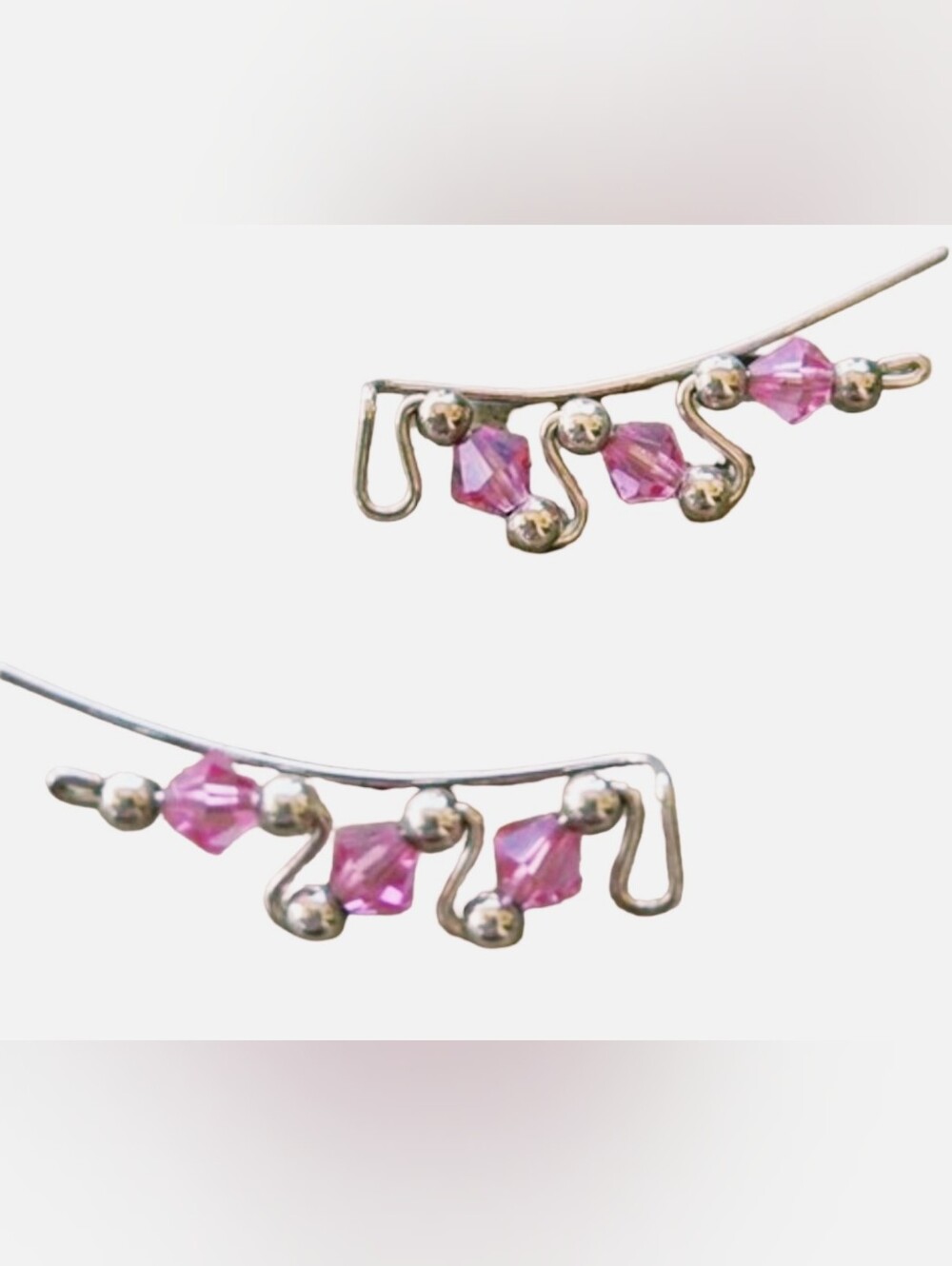 Handcrafted Sterling Silver 925 Ear Climbers - Pink Crystal Wave Sweeps (Pair)
